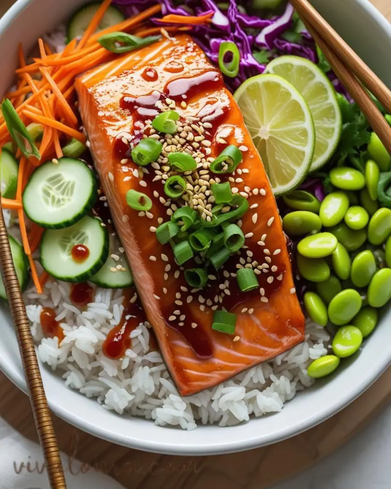 Close-up of salmon glazed with sriracha honey sauce, served with fresh vegetables and rice in a bowl 