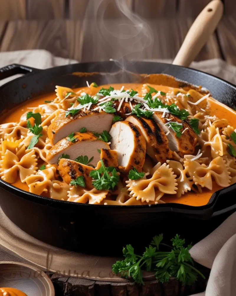 Creamy Cajun buffalo chicken and bowtie pasta in a skillet, topped with sliced chicken, parsley, and parmesan 