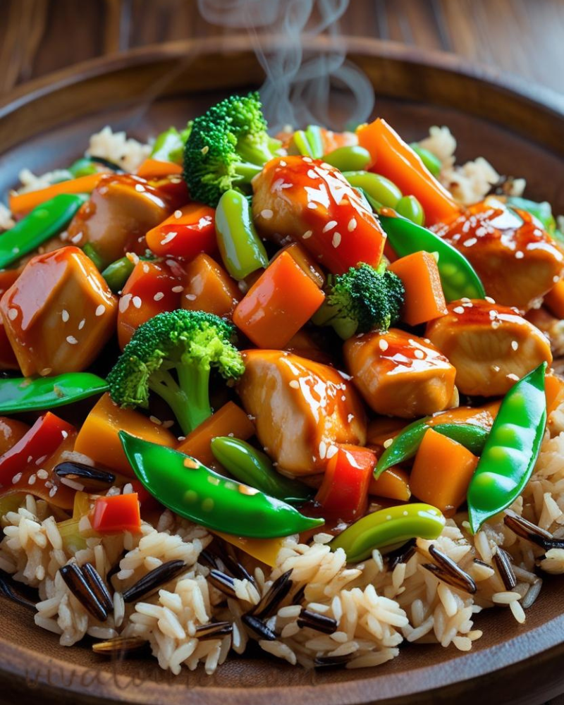 Close-up of glazed teriyaki chicken with rainbow stir-fry vegetables and wild rice, topped with sesame seeds and green onions