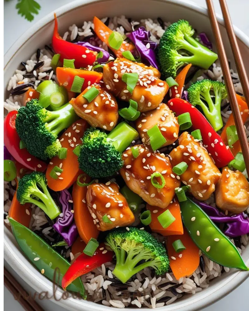 Teriyaki chicken stir-fry with wild rice and colorful vegetables like bell peppers, broccoli, and cabbage in a white bowl