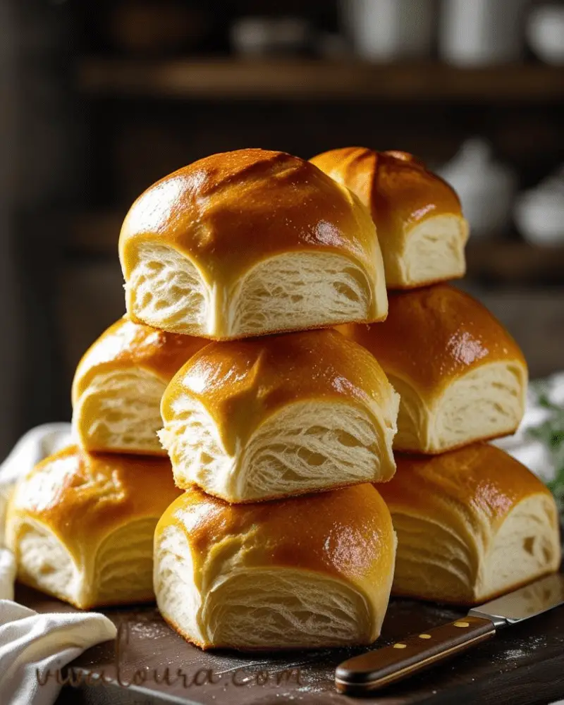 Freshly baked golden brioche buns stacked on a wooden board with a soft buttery texture 