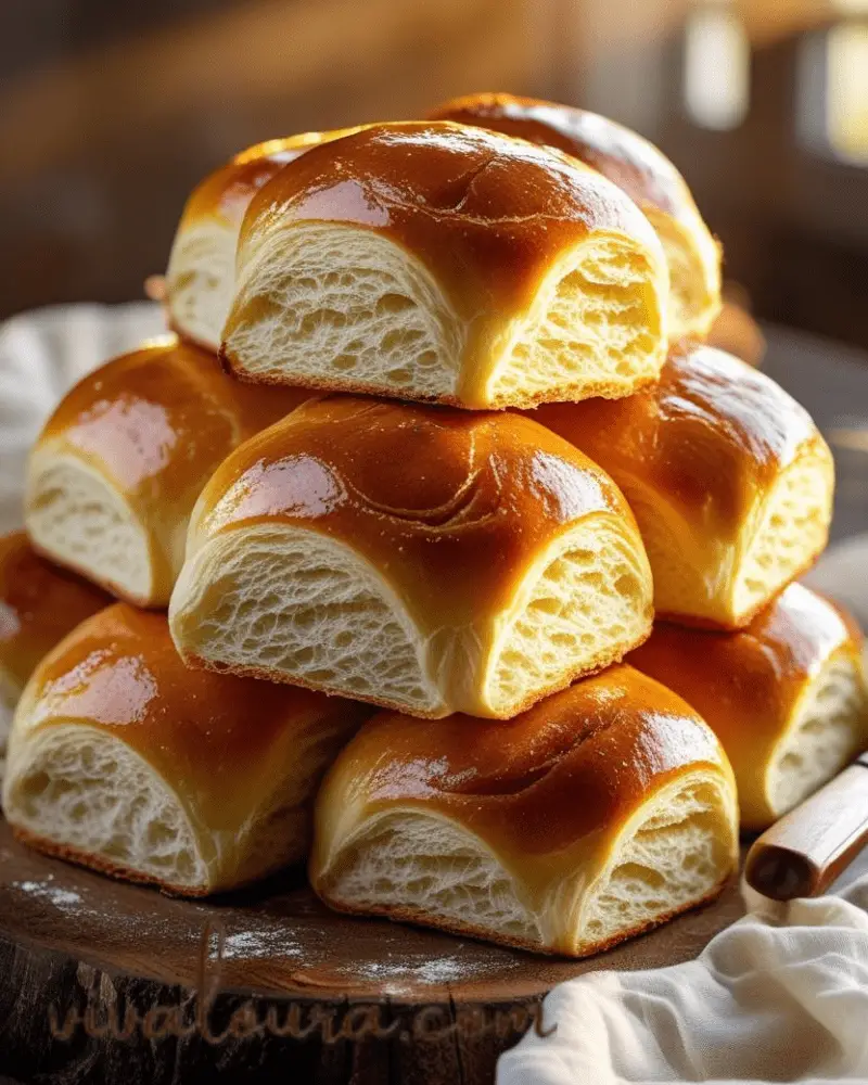 Close-up of shiny golden brioche buns with buttery glaze, served on a rustic board with linen cloth 