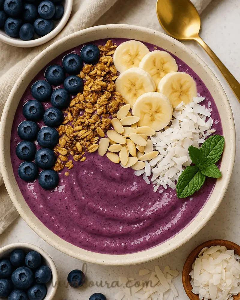 Close-up of a vibrant blueberry smoothie bowl with bananas, granola, coconut flakes, and fresh blueberries 