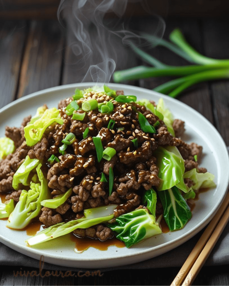 Chinese ground beef and cabbage stir-fry on a white plate, garnished with green onions and sesame seeds
